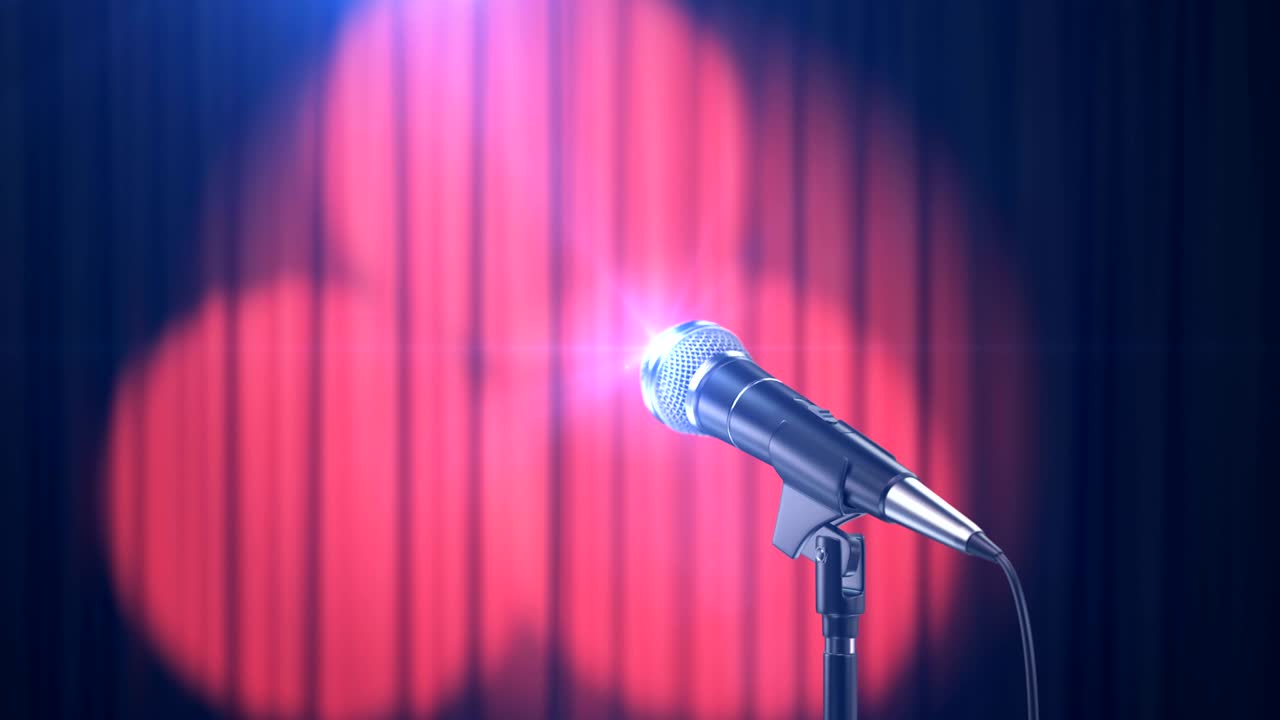 fondo de concierto, micrófono y cortinas con focos giratorios