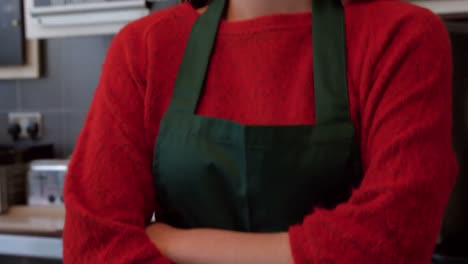 festive waitress smiling at camera