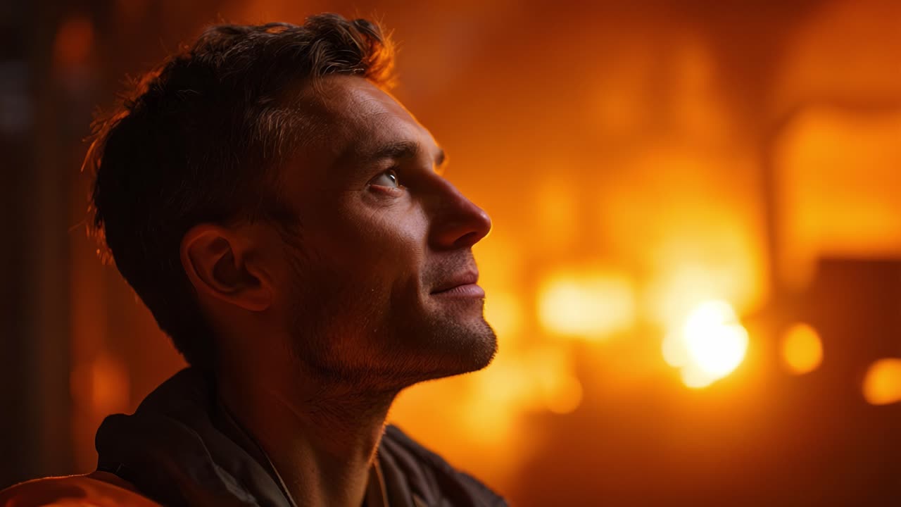 A contemplative moment captured in a dramatic glow, featuring a thoughtful individual gazing upward amidst the vibrant colors of flames and fiery background elements