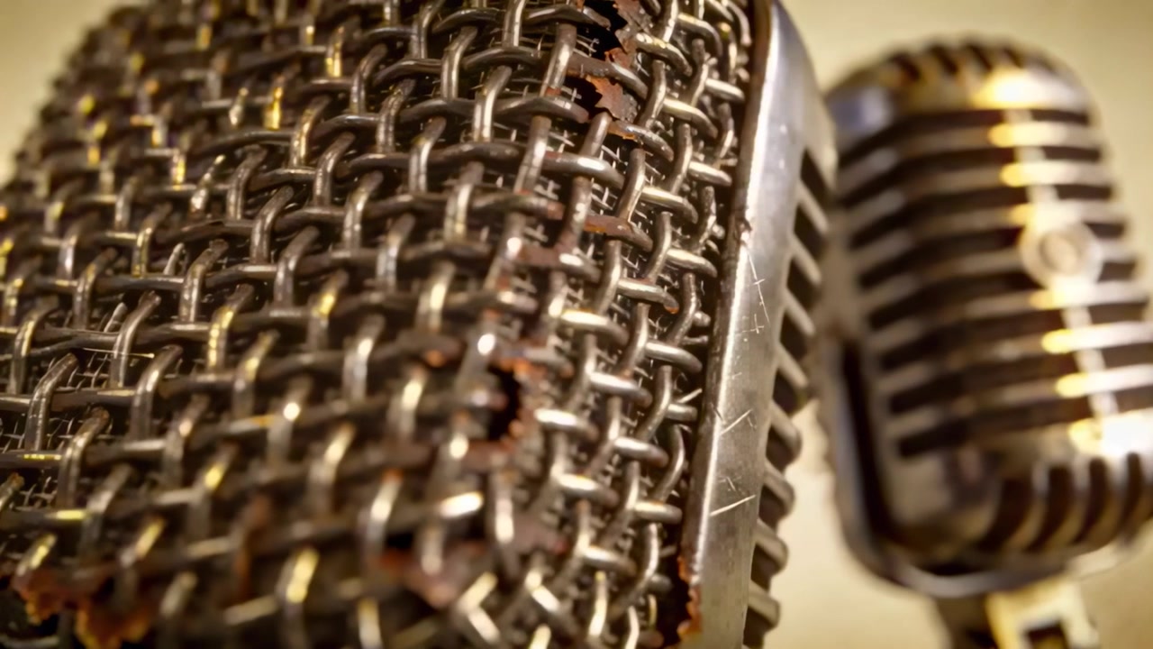 Shifting lens revealing front mesh mic showing rust and chip in studio, hinting paired vintage mic