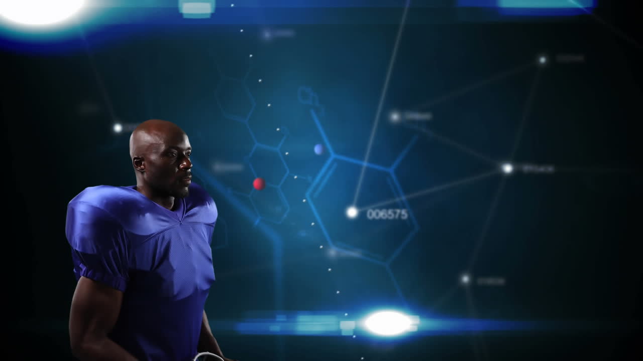 Male rugby player against molecular structures