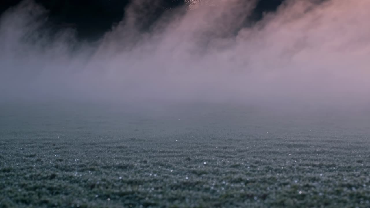 Un video de paisaje sereno con una toma en ángulo bajo que captura la niebla deslizándose sobre un campo de hierba al amanecer.