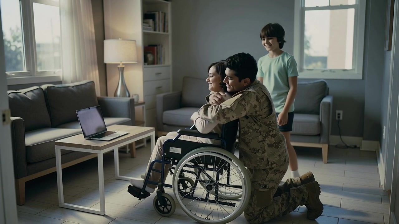 Soldier Returning Home to Hug His Wife in Wheelchair