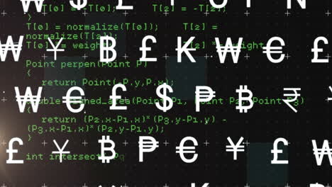 animación de múltiples símbolos de divisas y lenguaje de programación que se mueven sobre un fondo negro.