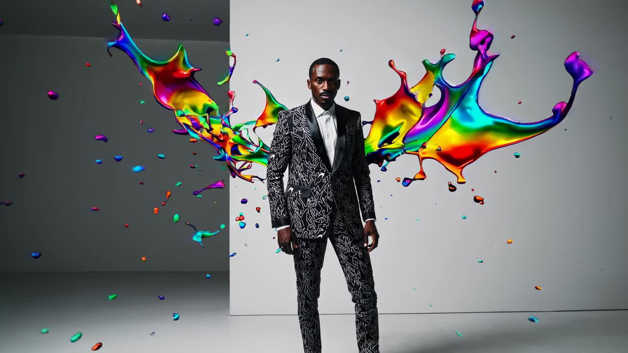 다채로운 스프레이와 함께 검은색과 색 패턴의 스모킹을 입은 세련된 남자