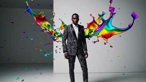 hombre elegante en un tuxedo de patrón blanco y negro con salpicaduras coloridas
