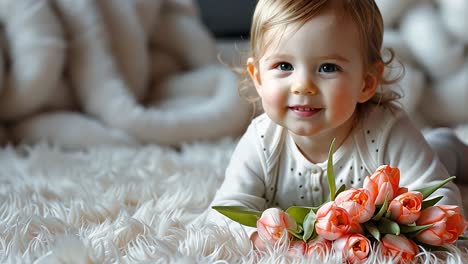 adorable baby smiling with a bouquet of pink tulips