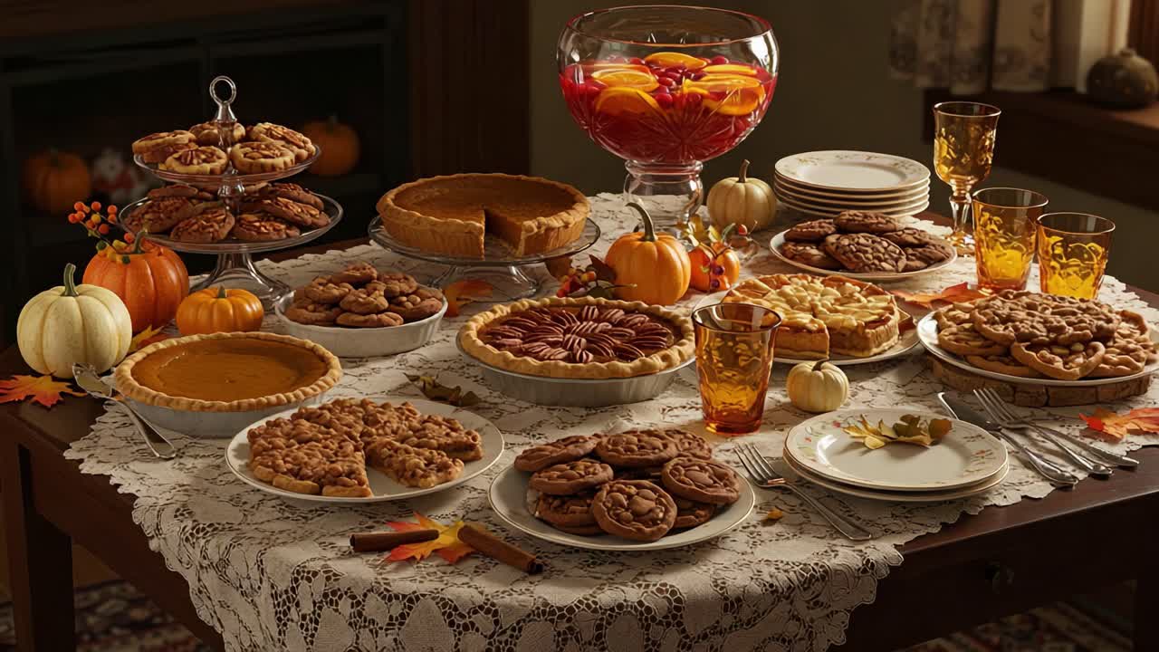 A table laden with Thanksgiving desserts and punch
