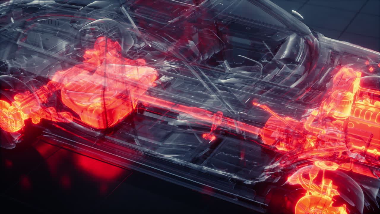 transparent car with engine in laboratory