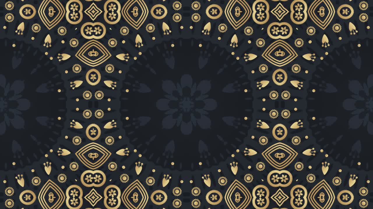 Kultainen ornamenttitausta. Kansanomainen luksussuunnittelu. Kultaiset kaleidoskooppikukat, silmukka.