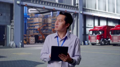 asian male professional worker standing with his tablet, outside of logistics distributions warehouse, he observes by looking around before he come to concentrating with his tablet