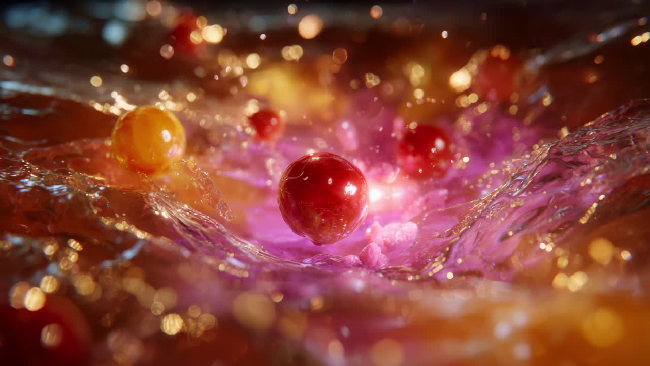 Visualizzazione astratta di sfere colorate in un movimento fluido di sfondo, che illustra i concetti di dinamica, energia e vivacità in ambienti fluidi