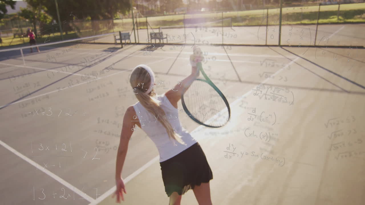 Tennis player serving ball on hard court, showing educational math equations overlay
