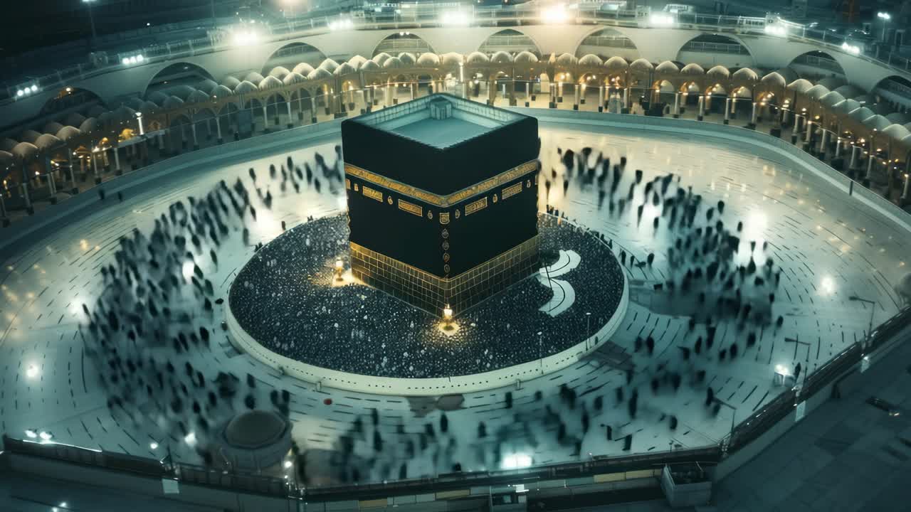 Aerial view video of the Kaaba surrounded by worshippers
