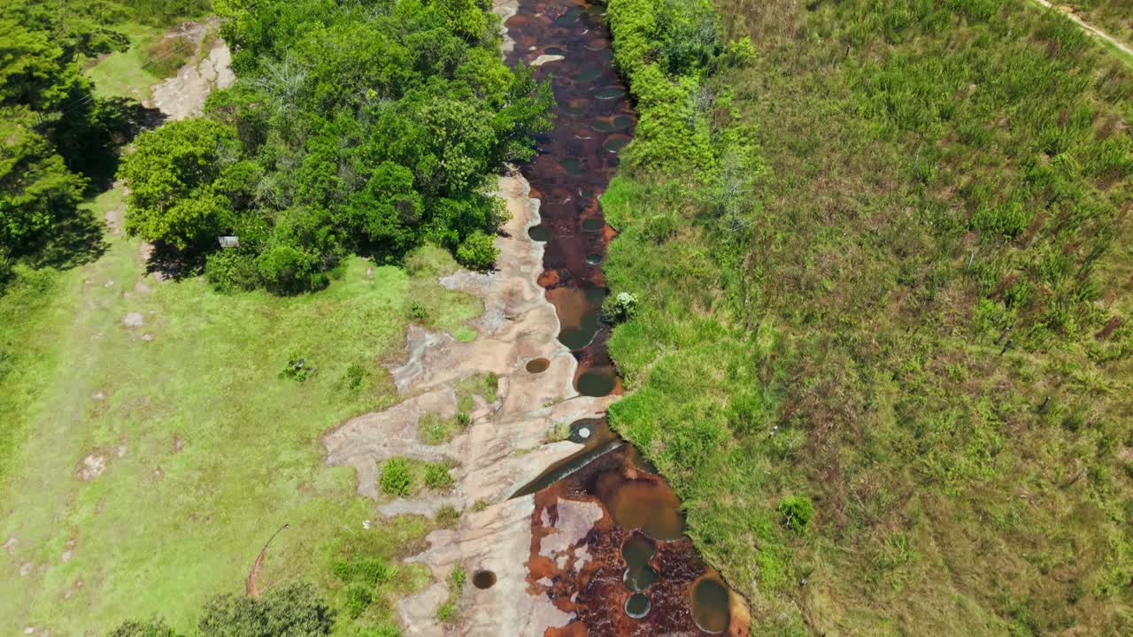 Top down aerial view of the Red River with natural swimming pools in Guadalupe, Santander, Colombia