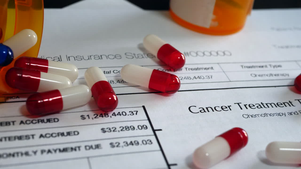 Cancer drug pills and prescription medicine on a prop medical insurance form showing high cost of treatment