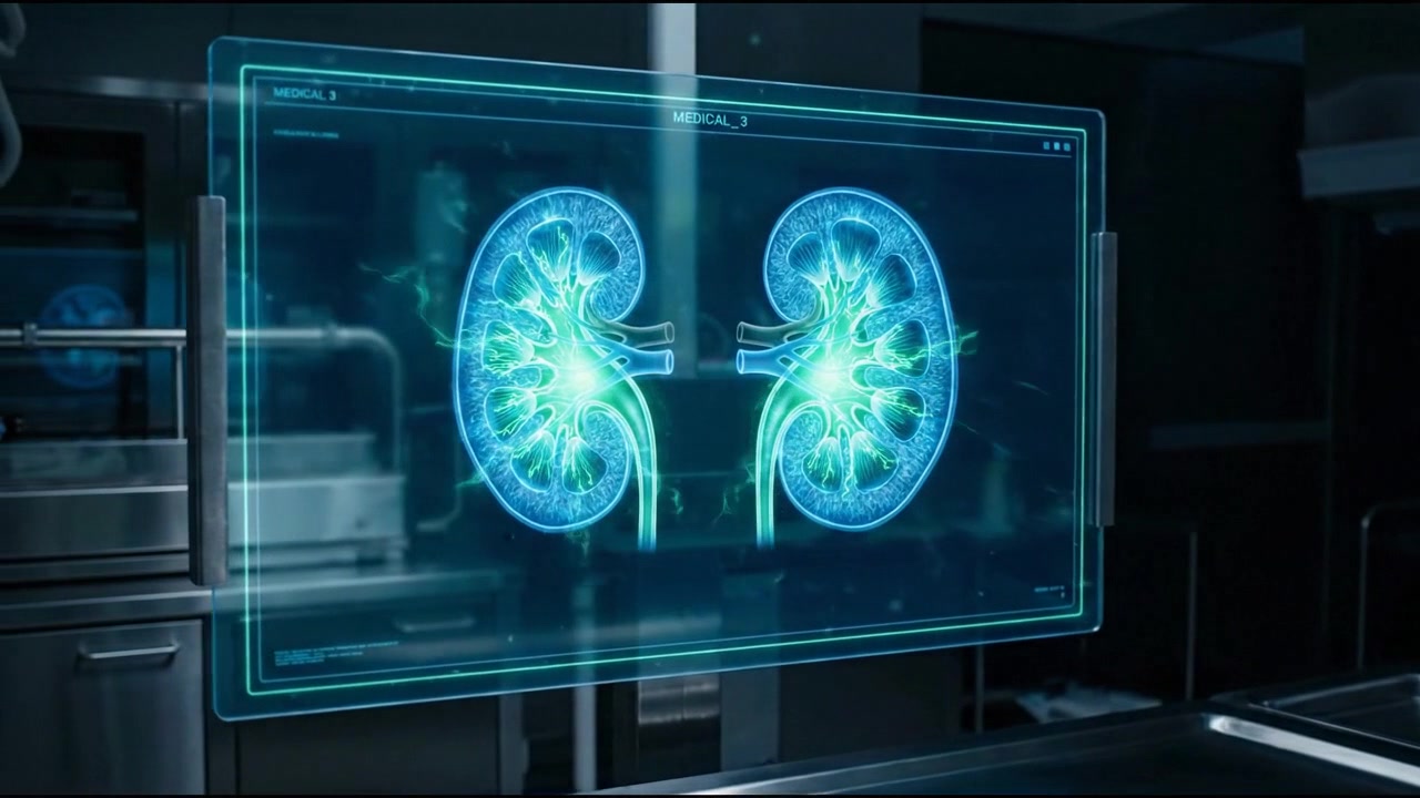 Kidney hologram displayed on transparent diagnostic panel in medical laboratory