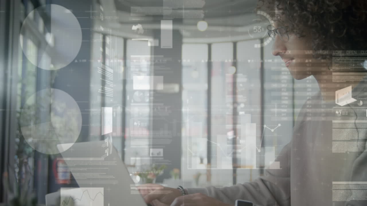 Animation of statistics and data processing over man using smartphone