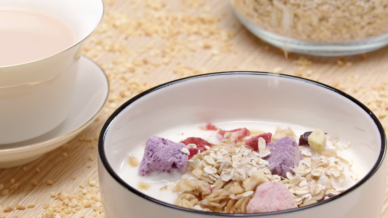 Scena di una colazione nutriente per uno stile di vita sano con l'aggiunta di mandorle tritate o briciole di cocco su latte o yogurt cremoso in una ciotola piena di cereali croccanti e colorati, pubblicità di prodotti lattiero-caseari