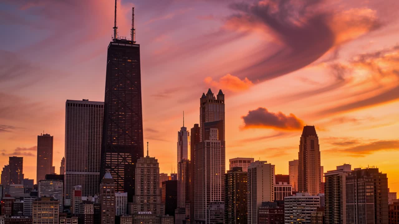 Sole che tramonta inonda lo skyline del centro, nuvole alte che turbinano e finestre che si illuminano accanto a una torre scura.