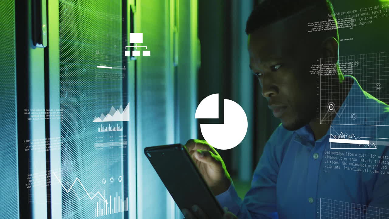 Animation of financial data processing over african american businessman in server room