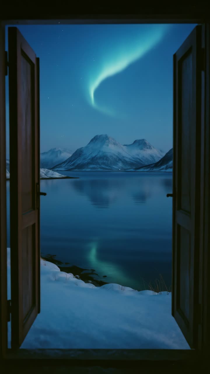 A captivating video still of a serene snowy landscape viewed through open doors