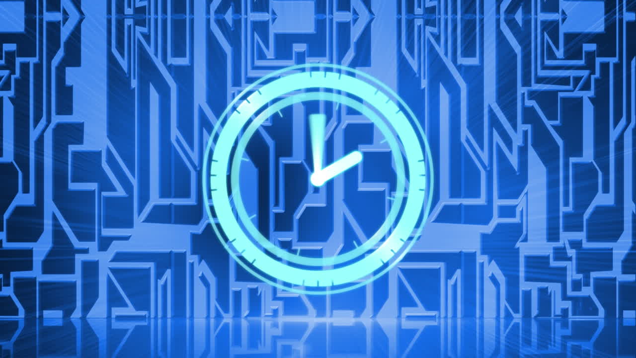 Animation of rotating hand on blue clock, over data network map on blue