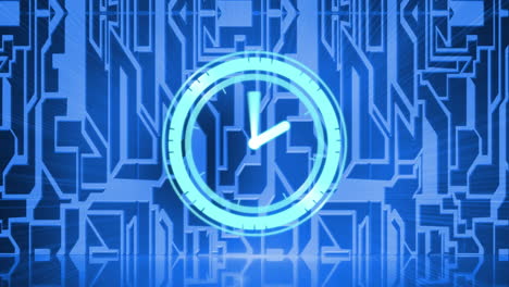 animación de la mano giratoria en el reloj azul, sobre el mapa de la red de datos en azul