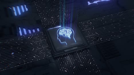 artificial intelligence.digital futuristic text animation.advanced technology concept visualization: circuit board cpu processor microchip starting artificial intelligence digitalization of neural networking and cloud computing data.