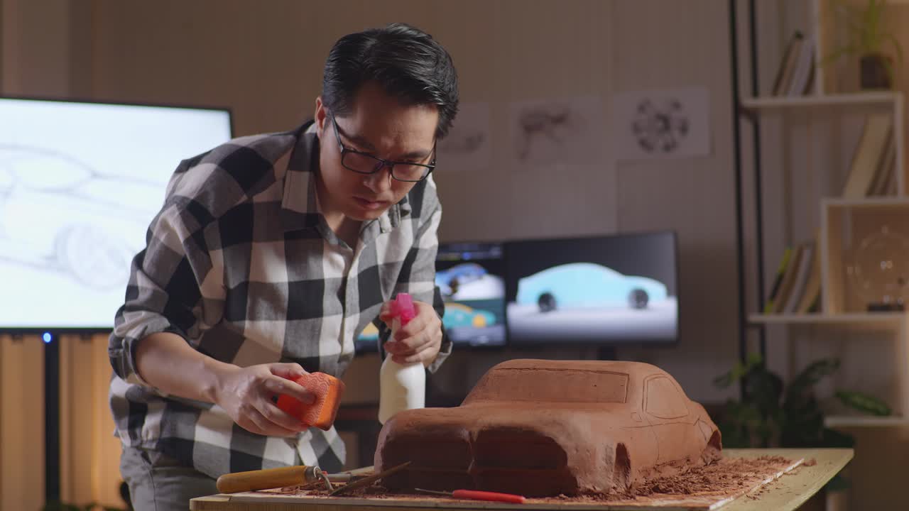Asian Man Automotive Designer Spraying And Using Sponge To Smooth Out The Surface Of The Sculpture Of Car Clay In The Studio