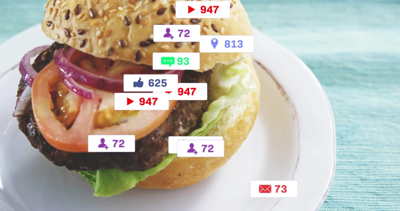 Plate shifting revealing sesame burger, social icons floating, counts rising showing engagement