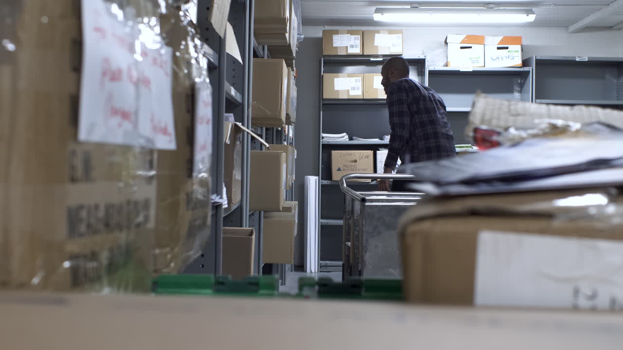 中年の成人男性が倉庫で段ボール箱のラベルを調べている