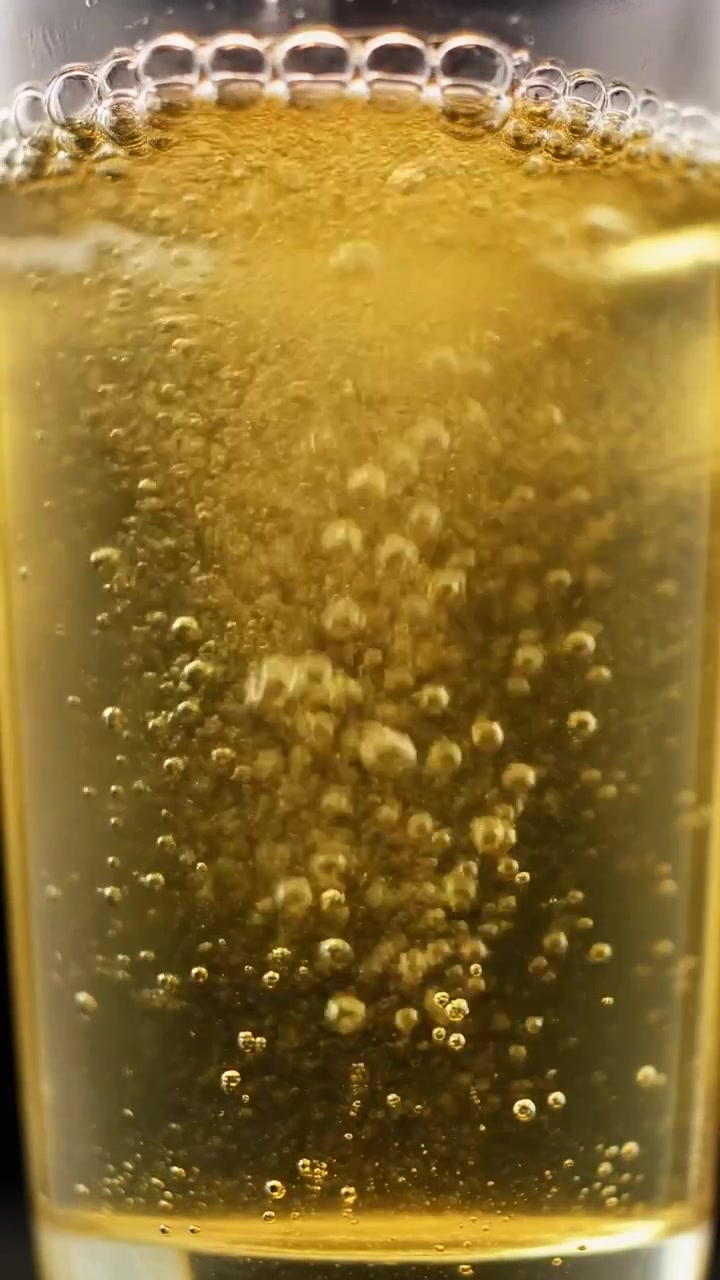 Bevanda gassata dorata versata in un bicchiere trasparente con bollicine in risalita