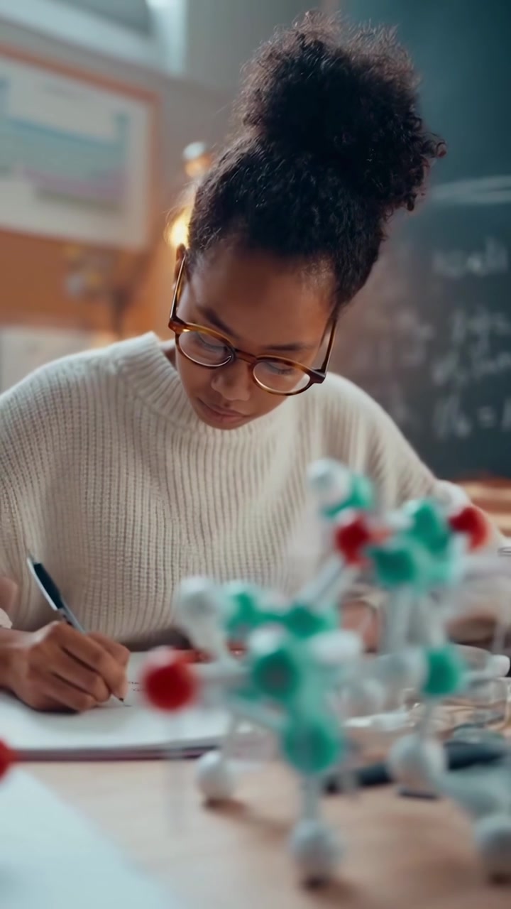 Jeune femme concentrée étudiant la chimie et prenant des notes