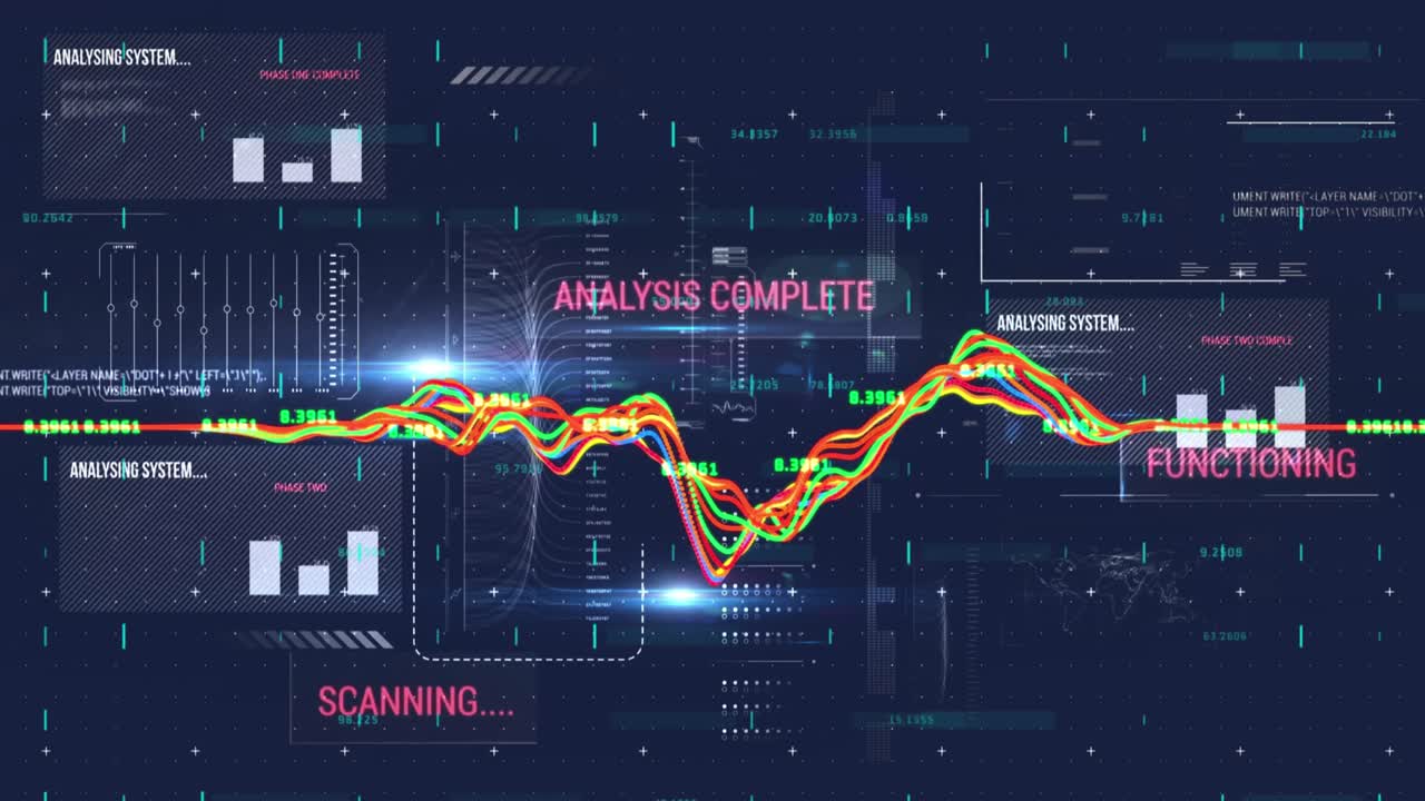 Animation of interface with data processing against light spot on blue background