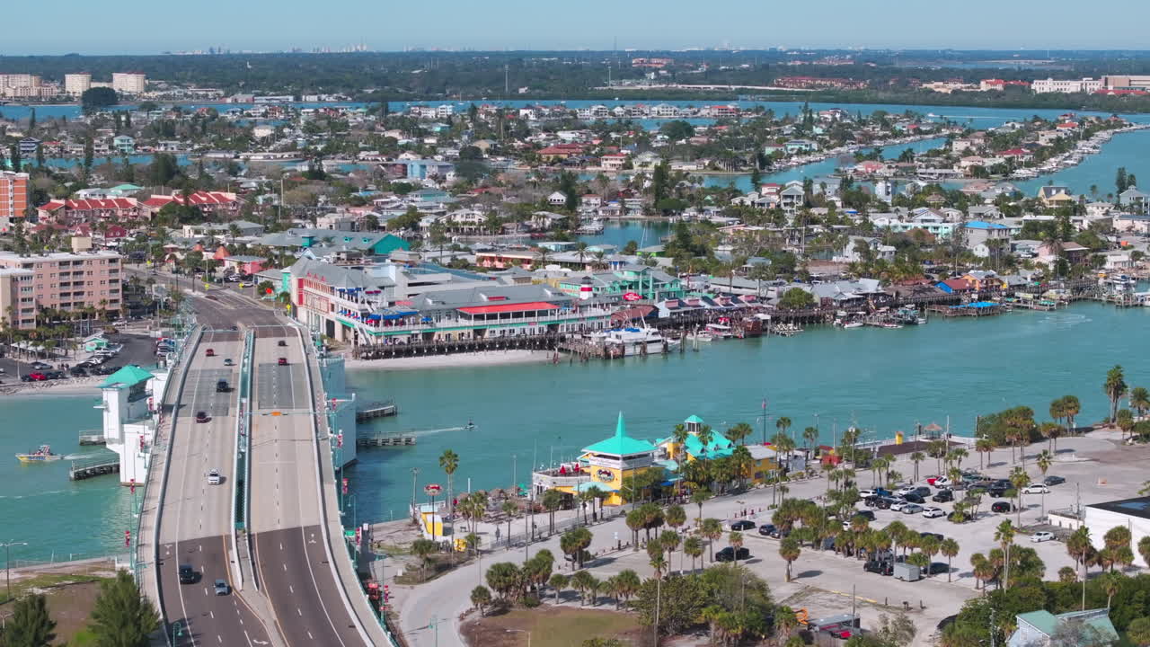 Aerial view of bridge going over to John's Pass Village in Madeira Beach, FL