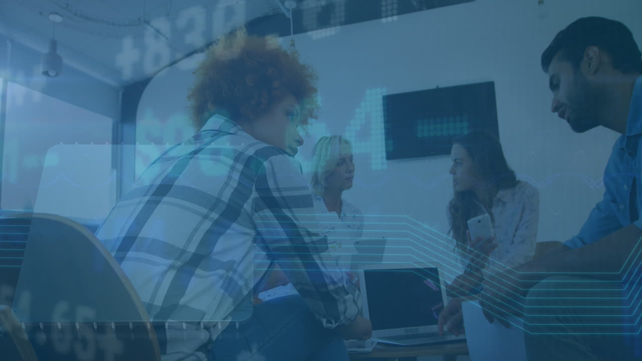 Animation of stock market data processing over diverse colleagues discussing at office