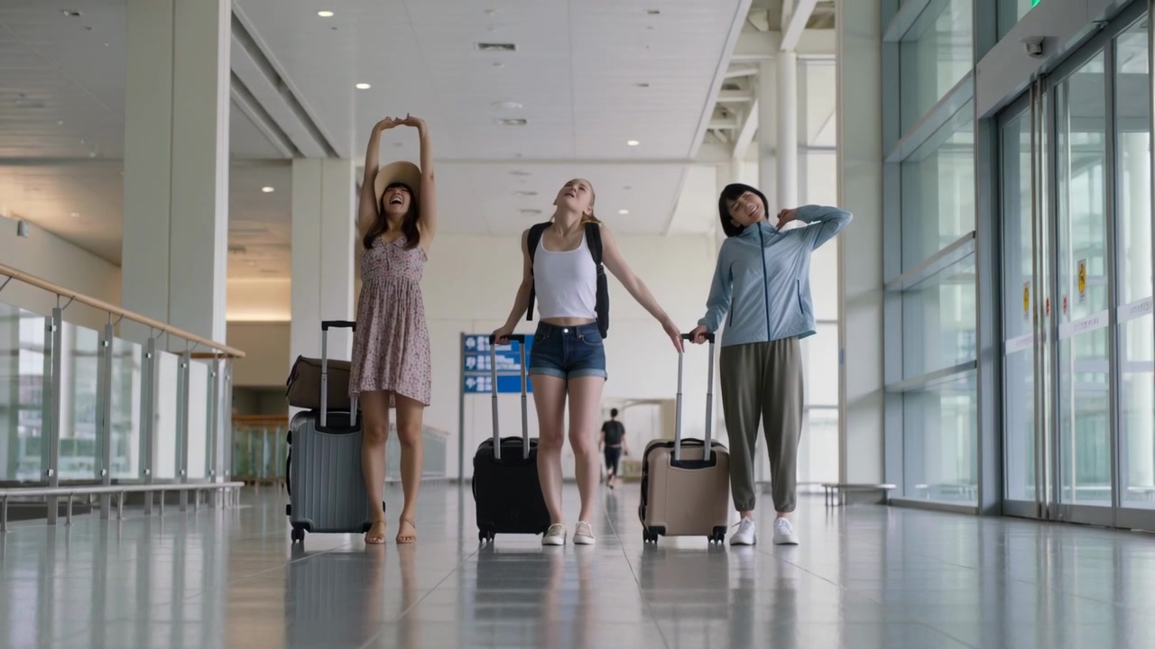 Tres mujeres caminando arrastrando equipaje de mano hacia la puerta de embarque, con vestido de verano y chaqueta, estirándose cerca de una pared de cristal.