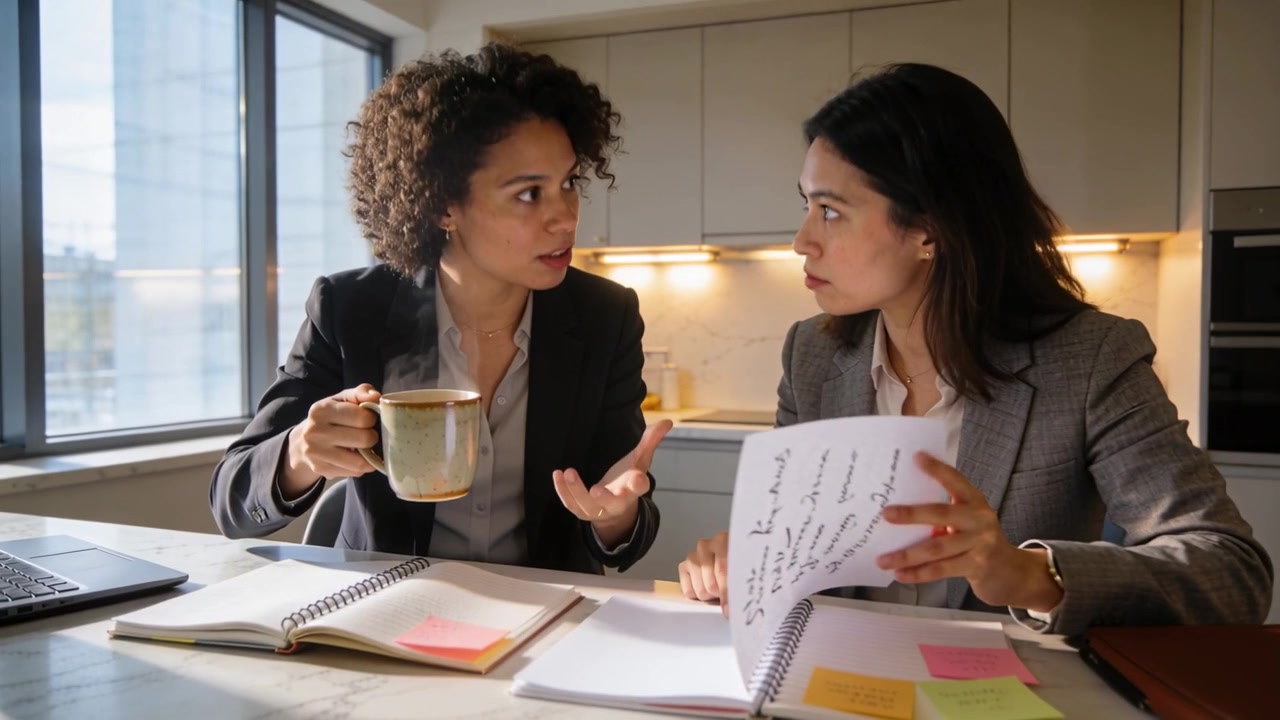 Reviewing planner spread, two colleagues in blazers planning project at kitchen counter with mug