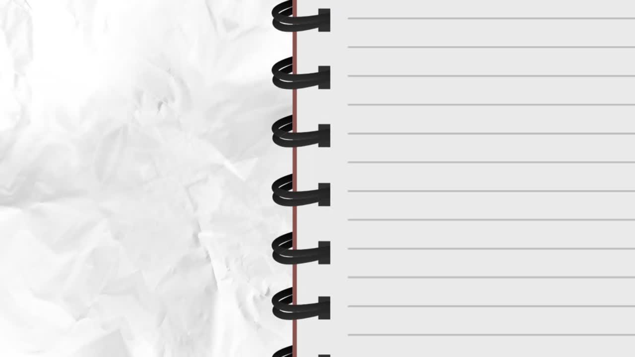 Animation of spiral bound lined notebook over scrunched white paper texture