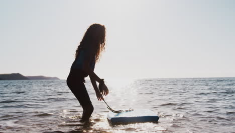 silhouetted girl wearing wetsuit playing in sea with bodyboard on  summer beach vacation