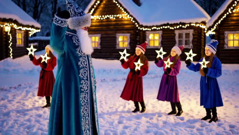 children holding stars with russian santa claus in snowy winter village at night