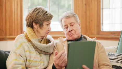 home, post and senior couple with tablet