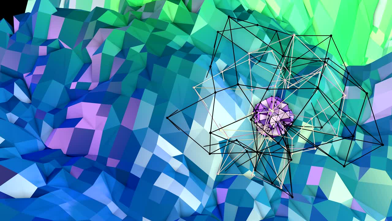 4k 로우 폴리 배경 애니메이션 (loop) - 순수한 3d 애니메이션으로 크리에이티브한 간단한 로우폴리 배경, 구와 움직이는 프레임으로 푸른 초록색 풍경