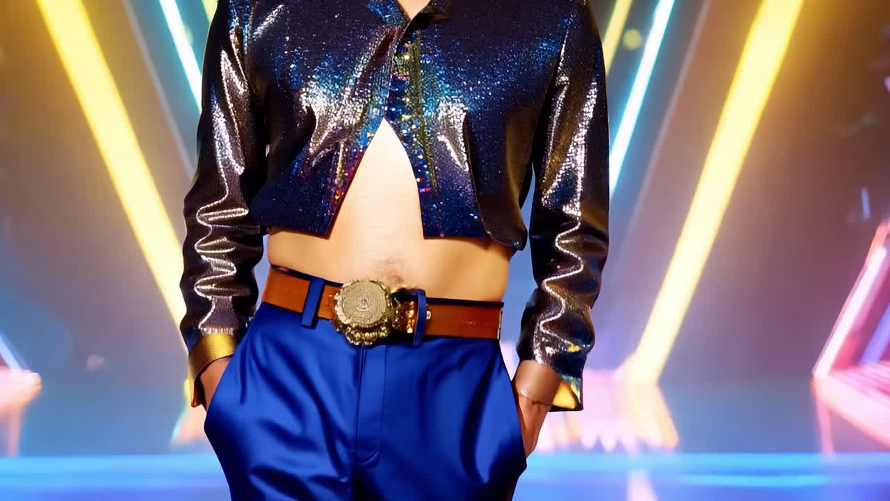 세킨 셔츠와 파란 바지를 입은 스타일리시한 남자가 네온 조명과 함께 스튜디오에서 포즈를 취하고 있습니다.