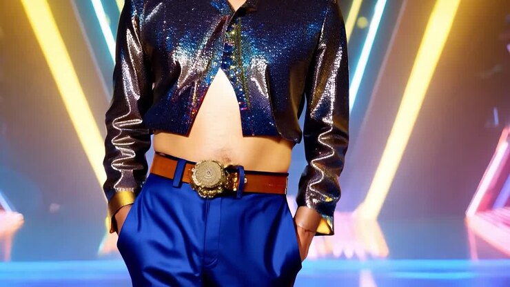 Un uomo elegante con una camicia di paillettes e pantaloni blu in posa in uno studio con luci al neon