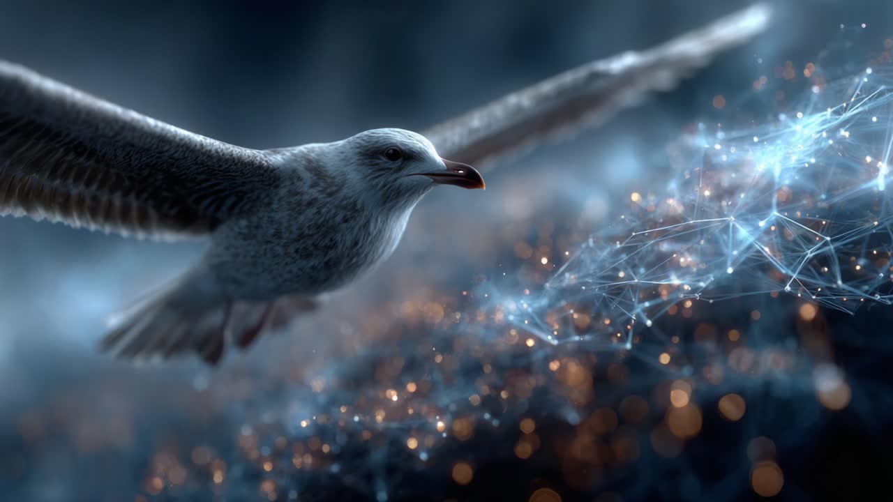 A Majestic Bird Gliding Through a Digital Landscape of Light and Connectivity, Symbolizing Freedom and the Intersection of Nature and Technology