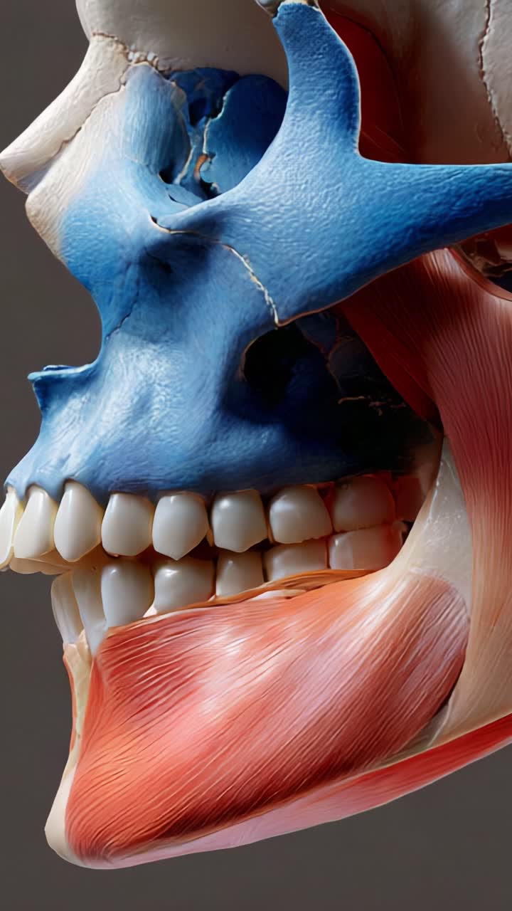 Detailed Anatomical Study of the Human Skull and Musculature, Showcasing Dental Structure and Main Muscles for Educational Purposes