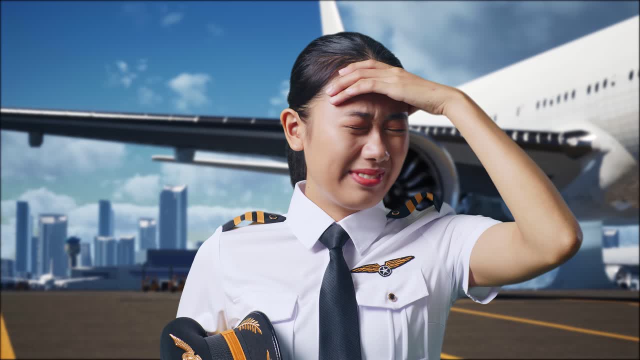 배경 에 비행기 와 함께 공항 에 서 있는 동안 두통 을 겪고 있는 아시아 여성 조종사 의 근접 사진
