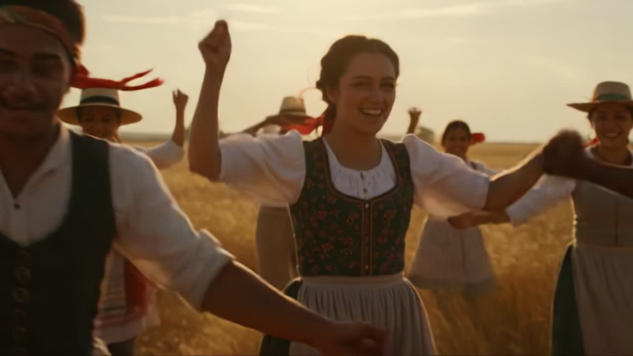 Joyful Celebration in a Golden Field: Traditional Dancers Unite Amidst Wheat Under the Warm Sunlight, Exuding Culture and Community Spirit